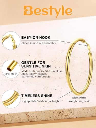 Bestyle 5mm Thick Gold Hoop Earrings Hypoallergenic Hoops for Sensitive Ears Trendy Lightweight Chunky Earrings for Women 30/40/60/80mm - color: 01-Gold, size: 80mm