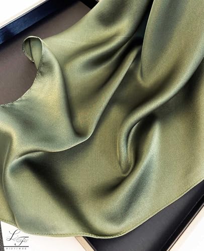 Hioyiwse Satin Square Scarf for Women Solid Color Emulation Silk Handkerchief Hair Ribbon Headband Handbag Purse - color: D14-army Green(23.6*23.6inch)