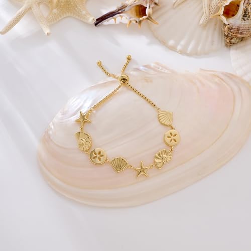 Gold Charm Bracelet for Women Boho Adjustable Shell Starfish Bracelet Summer Beach Ocean Statement Bracelets - color: Charm slider bracelet