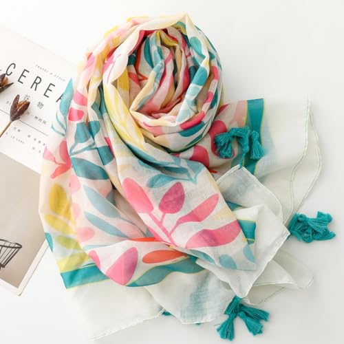 WaJuemy Travel Boho Scarf for Women Casual Lightweight Pashmina Scarves Fashion Multicolor Shawl Wraps with Fringed Beads - color: 02a White Leaves