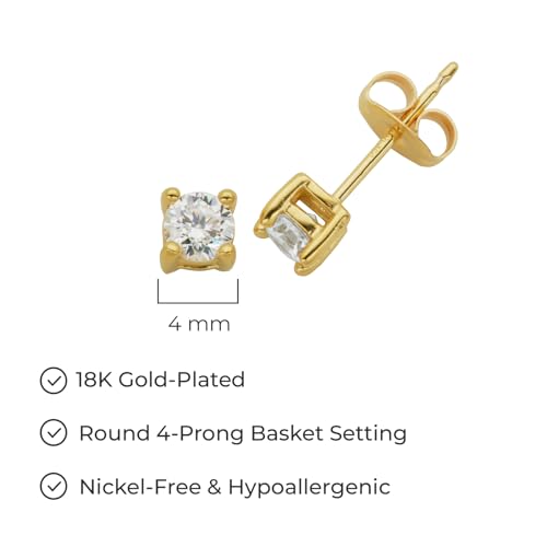 Amazon Essentials Plated Sterling Silver Cubic Zirconia Stud Earrings (Round & Princess) - color: White/Yellow Gold, size: 4 mm, style: Round Cut