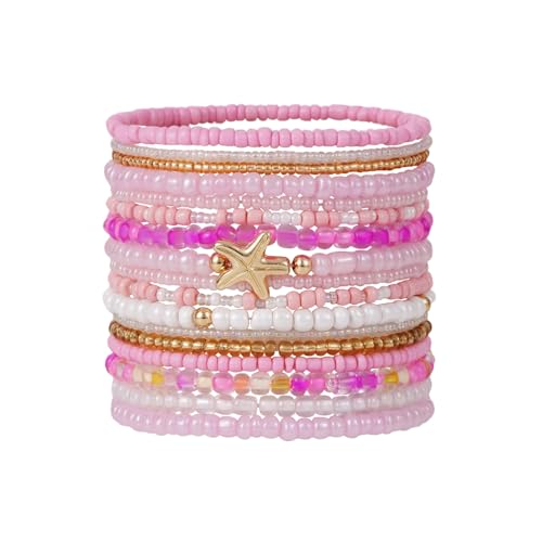 Shell Bracelet Seashell Boho Beaded Stretch Bracelets for Women Summer Beach Bracelets Starfish Charm Bracelet Stackable Gold Plated Bracelets Set for Women - color: g-pink
