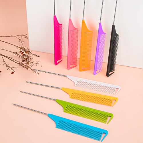 Schembo 10 Packs Rat Tail Combs Metal Pick Styling Parting Lightweight Sectioning Fine Tooth Combs with Heat Resistant Teasing Comb for Women, Men, Girls Hair Styling