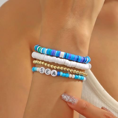 Caiyao Bohemia Multilayer Heart Imitation Pearl Beaded Stackable Bracelets Set Colorful Surfer Heishi Clay Gold Beads Stretch Bracelets for Women Men Summer Beach Boho Vacation Jewelry Gifts - color: Z-blue