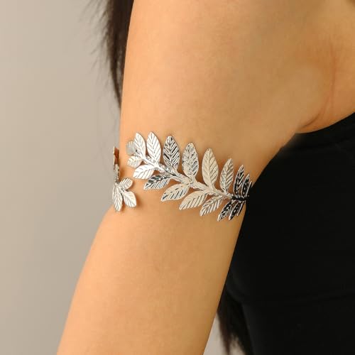 Arm Cuff Layered Bracelet Adjustable Leaf Flower Starfish Upper Arm Cuff Bangle Jewelry Gold Plated Bracelet Ring Set for Women Boho Summer Beach Essentials - color: Silver-Leaf