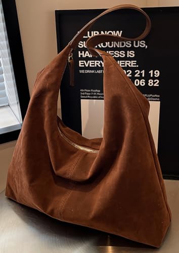 Women’s Trendy Suede Tote Bag Shoulder Bags For Women Fall Underarm Bag Winter Hobo Bag Work Purses Suede Travel Handbag - color: Brown