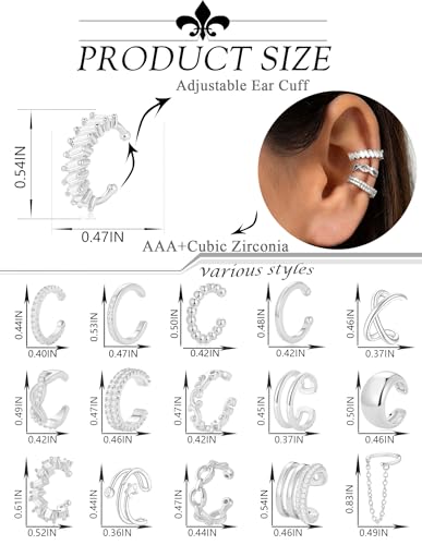 AKEOQI 16 Pcs Ear Cuff Earrings Non Piercing Cubic Zirconia Ear Cuffs for Women Silver Gold Plated Clip on Cartilage Helix Wrap Fake Earrings Jewelry - color: Silver