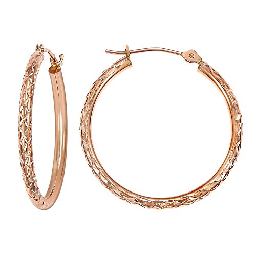 14k Rose Gold X-pattern Diamond-cut Round Hoop Earrings - style: 25mm