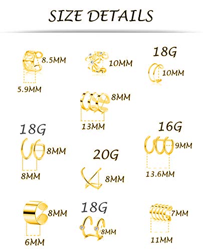 Tornito 4-10 Pairs Stainless Steel Ear Cuff Helix Cartilage Clip On Wrap Earrings Fake Nose Ring Non-Piercing Adjustable - color: A1:10 Pairs, Gold Tone