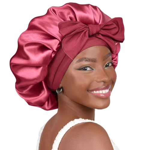 YANIBEST Adjustable Satin Bonnet for Sleeping Women Double Layer Hair Wrap Reduce Friction Prevent Frizz Natural Curly Hair - color: Purple Pink