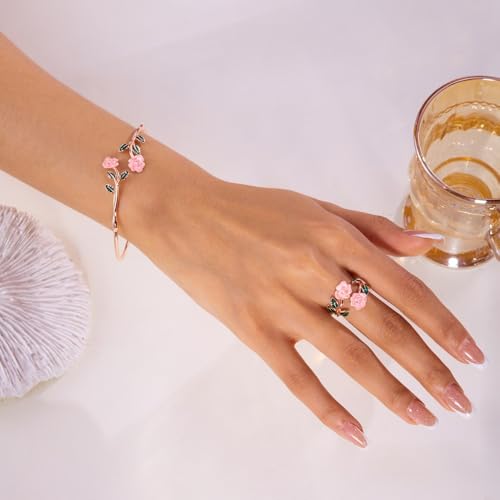 Dtja Vintage Rose Flower Bangle Cuff Bracelet Red Floral Statement Expandable Adjustable Ring for Women Antique Tribal Theme Green Leaf Jewelry for Valentine Christmas Holiday 2 Piece Set - color: Rose Gold-Toned