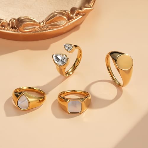 YeGieonr Non Tarnish Gold Rings for Women, Waterproof Gold Signet Ring, 18K Gold Plated Stackable Rings for Everyday Wear - color: Oval