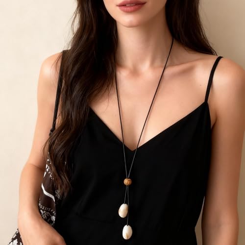 Boho Long Leather Necklace for Women Green Resin Stone Pendant Necklace Vintage Sweater Necklaces Hippie Handmade Necklaces Jewelry Accessories - color: Off-white