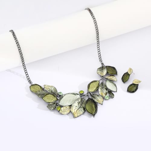 Vintage Chunky Statement Jewelry Set Retro Leaf Floral Geometric Bohemian Boho Bib Necklace Earring Set Fashion Costume Jewelry for Women Girls Wedding Party Prom Unique Gift - style: multi leaves JS black green