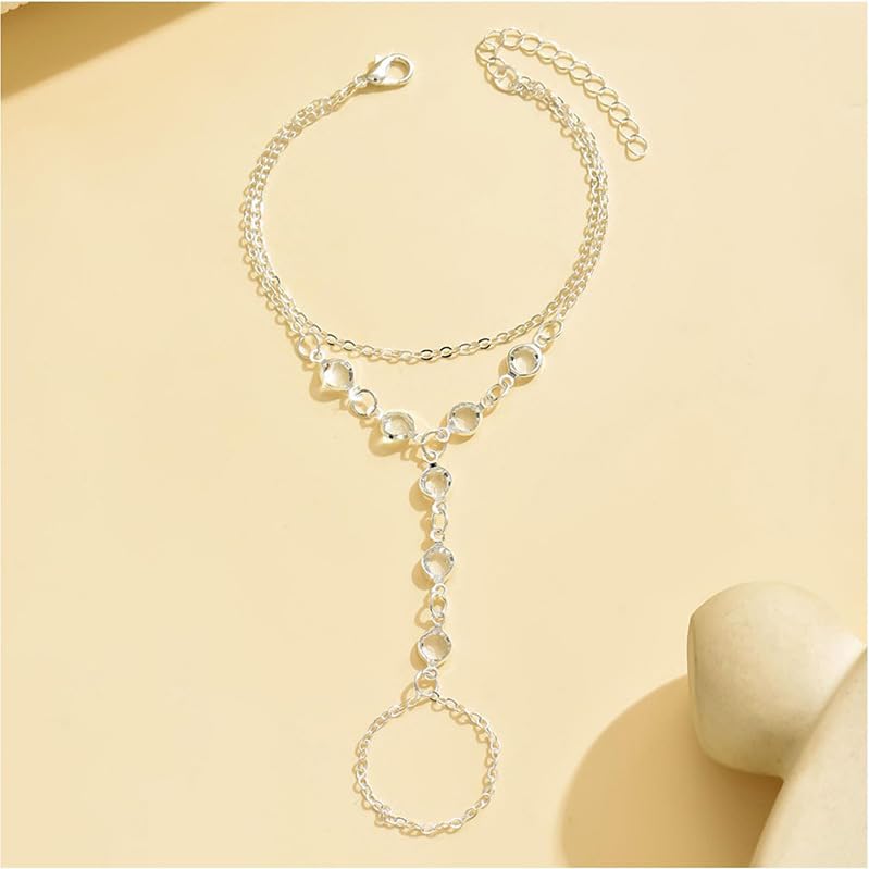 Dainty Gold Hand Chain Bracelet for Women Trendy,Ring Bracelet Hand Chain Bracelets Simple Finger Rings Slave Bracelets Boho Summer Beach Jewelry Accessories - color: Silver cz5