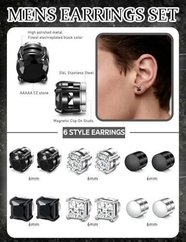 SIISPRI Magnetic Stud Earrings for Women Men Clip on Stud Earring Hypoallergenic Fake Earring Unisex Non Piercing CZ Halo Studs Diamond Earrings,Men's Aretes de lman - color: Black-Silver