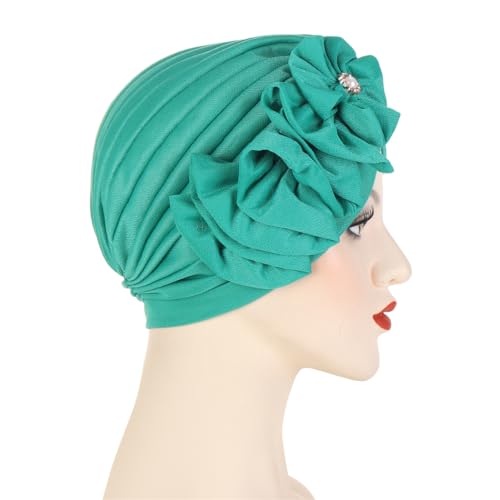 Flower Turban Hats for Women - Ruffle Bead Stretch Solid Caps Chemo Cancer Pre Tied Headscarf Headwear - color: Teal