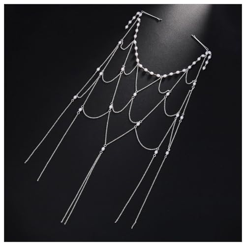 Multi-layered Tassel Pearl Headband Chain for Women Wedding Bridal Pearl Hair Clip Chain Headpiece Summer Beaded Headdress Jewelry for Prom Party - color: Silver