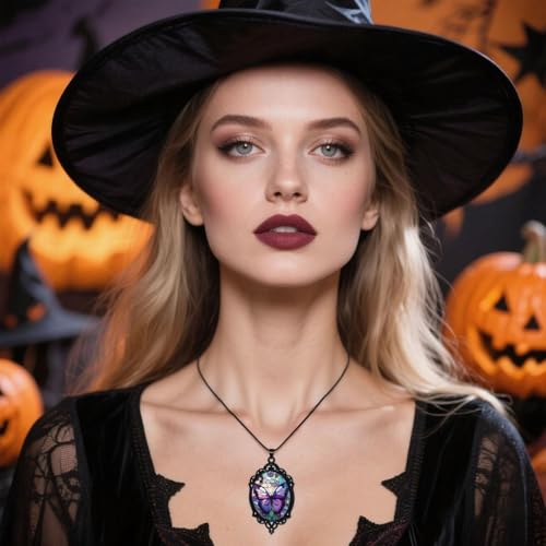Halloween Gothic Witch Necklaces Cross Glass Pendant Necklace for Women Punk Vintage Black Dark Oval Cameo Necklace Witch Emo Necklaces Halloween Jewelry Witch Accessories 2025 - style: Butterfly