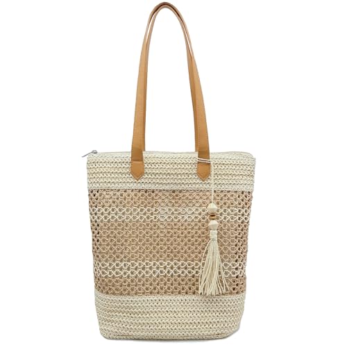 Aphoraeny Straw Beach Bag Buckets Totes Handbag Shoulder Tote Bag Straw Purse Summer Purse Women Summer Handbag - color: B-beige Stripes