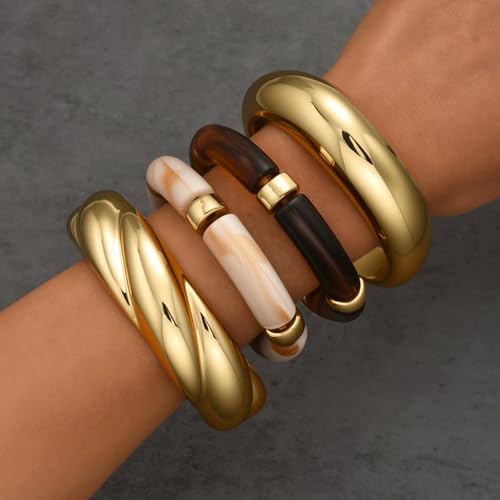 Gold Bracelet Stack For Women, 3Pcs Jade Vintage Chunky Stackable Stretch Boho Western Adjustable Bracelet Stacks Statement Dainty Tarnish Free Waterproof Jewelry Gift - color: Gold-4Pcs
