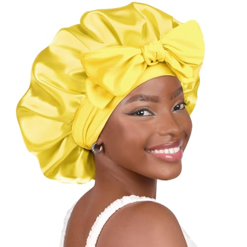YANIBEST Adjustable Satin Bonnet for Sleeping Women Double Layer Hair Wrap Reduce Friction Prevent Frizz Natural Curly Hair - color: Yellow
