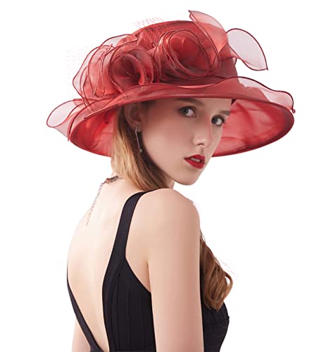 Women's Kentucky Derby Church Dress Hat Wide Brim Leaf Flower Bridal Shower Hat - color: A10 Winered
