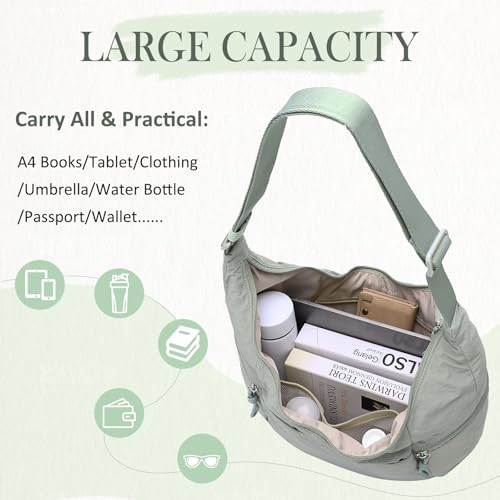 VASCHY Crossbody Crescent Bag for Women, Casual Lightweight Nylon Large Slouchy Hobo Bags Purses for Travel/Gym/Work/College - color: Light Green