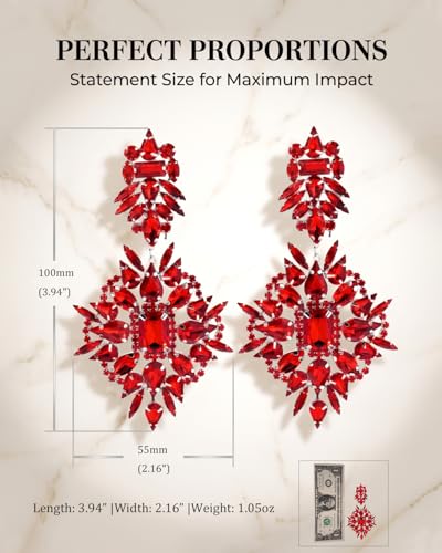 Silver Chandelier Earrings for Women Trendy, Oversized Big Crystal Rhinestone Statement Earrings Dangling Formal Pageant Earings Drag Queen Jewelry - color: Red