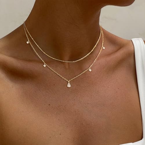 Layered Necklaces For Women,Dainty Gold Plated Necklace Stack Prom Layering Necklaces For Women Trendy Chain Cross Choker Necklace Set Fashion Accessories - color: cz+satellite
