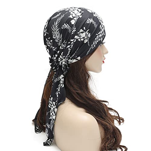 ZLYC Chemo Headwear Pre Tied Head Scarf Headwraps Lightweight Turban Beanie Cap for Women - color: Leaves Black