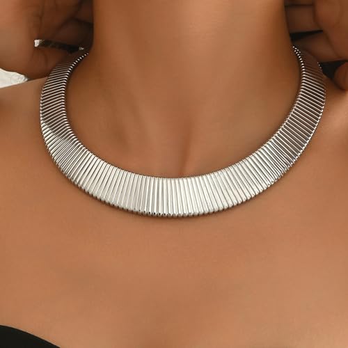 Chunky Gold Collar Choker Statement Necklace for Women Trendy | Gold Plated Layered Twist Flat Thick Snake Herringbone Chain African Torque Necklace Prom Boho Necklaces Party Jewelry Gift - style: Flat Herringbone Chain/Silver