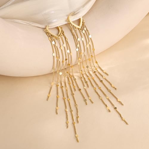 Robaice Gold Long Prom Earrings for Women, 14K Gold Plated Pearl Dangle Drop and Chain Tassel Threader Earrings Dangling，Rhinestone Zirconia Hypoallergenic Bride Party Prom Gold jewelry，Women Gifts - style: B-dangle tassel chains, gold
