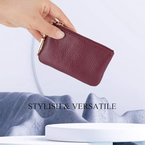 Full Grain Leather Coin Purse with Key Chain - Small Change Purse Keychain Card Holder Keychain Pouch Small Keychain Wallet for Women and Men (Burgundy) - color: Burgundy, Regular Size