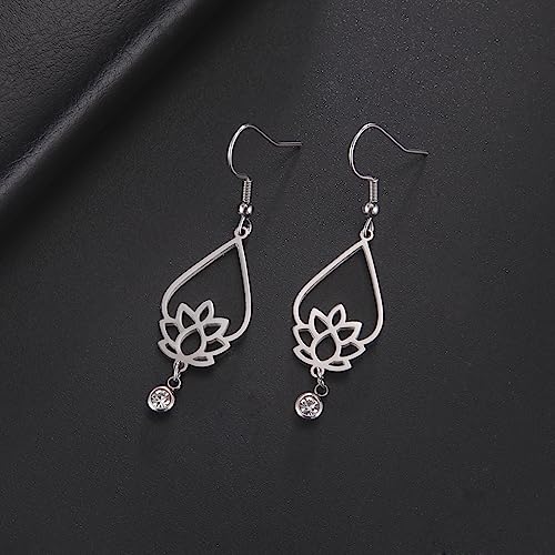 TEAMER Stainless Steel Lotus Flower Dangle Earrings Bohemian Drop Earring Unique Geometric Jewelry for Women - color: Lotus 6-Steel Color