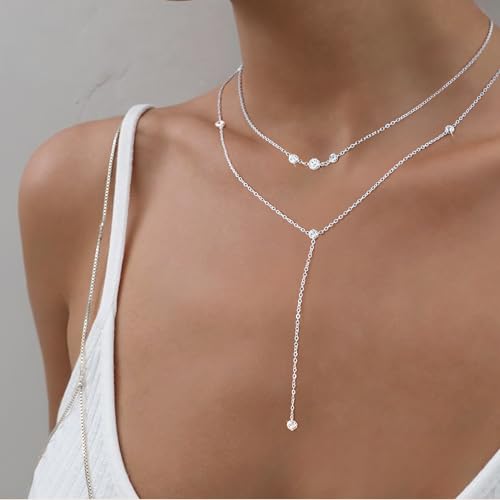 DALI Long Gold Necklaces for Women, Dainty Layered Sterling Silver Plated Y Shaped Necklace Stack Non Tarnish Cross CZ Pendant Long Chain Choker Adjustable Necklaces Jewelry for Vacation Christmas - color: Silver CZ Long Necklace