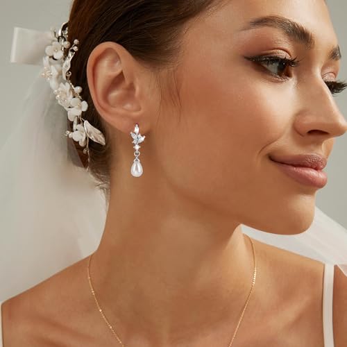 Pearl Earrings for Women, 14k Gold Plated Trendy Diamond Pearl Drop Earrings Hypoallergenic Dainty Bridal Gifts Wedding jewelry for Women - color: B—Silver