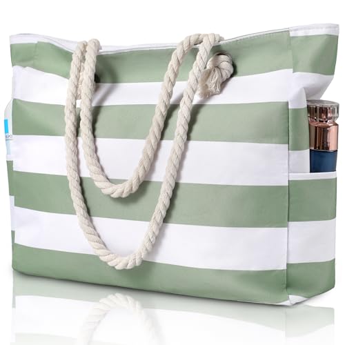 Clothirily Beach Bag for Women - Large Beach Tote Bag, Waterproof Sandproof Beach Bag with Zipper, Large Swim Pool Beach Tote - color: Green