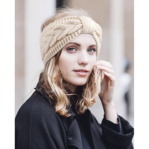 DRESHOW Crochet Ear Warmer Headband Soft Knit Chunky Turban Stretch Thick Headbands Warmer Fuzzy Head Wrap for Women - color: 3 Pcs Knot Style: White, Ivory White, Khaki