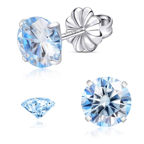 Moissanite Stud Earrings, G23 Hypoallergenic Titanium Stud Earrings for Women Men, Round Cut D Color VVS1 Clarity 18K White Gold Palted Multicolor Moissanite Jewelry, 0.6CT-3.0CT - color: Blue, size: (1.0ct*2)-6.5mm-2.0 Carat