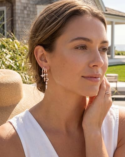 MUMREUES Gold Earrings for Women Trendy 14K Gold Plated Dangle Earrings Small Hoop Huggie Drop Stud Earrings Cubic Zirconia Simple Minimalist Dainty Chain Tassel Hypoallergenic Earrings - color: Celestial & Rose Gold