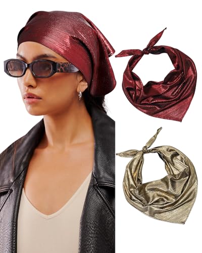 AWAYTR Y2K Hair Bandanas for Women Hair - 2Pcs Punk Head Wraps for Girls Hair Scarf Grunge Disco Head Cover - color: Solid (Gold/Wine)