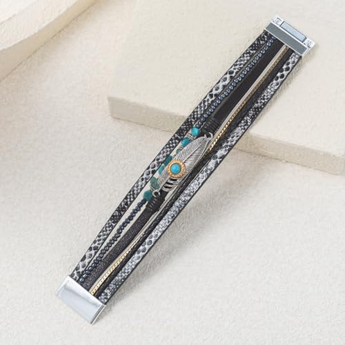 FANCY SHINY Turquoise Boho Leather Bracelet Stackable Chunky Wrap Bangle Bracelets Cowboy Cowgirl Chic Western Jewelry Gift for Women - color: Black