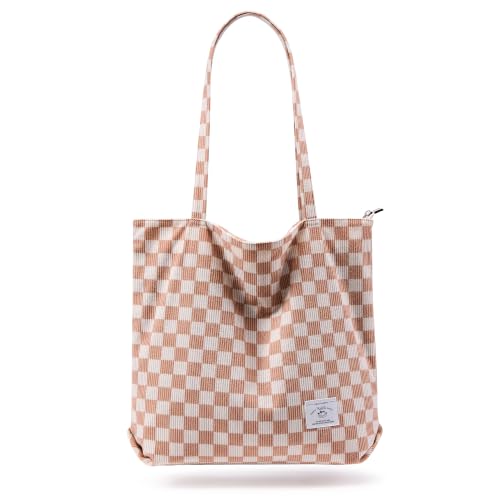 KALIDI Women Corduroy Tote Bag Zipper Casual Tote's Handbag Big Capacity Shoulder Bag with Pockets - color: Checkerboard Khaki