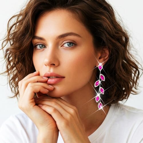 Catery Crystal Wedding Earrings Rhinestones Dangling Earrings Leaf Bridal Ear Jewelry for Brides and Women - color: Hot Pink