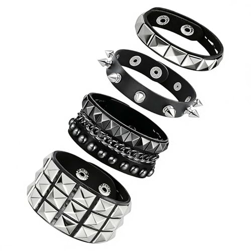 Handmade Black Leather Wrap Studded Bracelets for Women Men, 4Pcs Vintage Punk Wrist Cuff Bangle Wristband Emo Jewelry Gifts - style: Square Stud Style