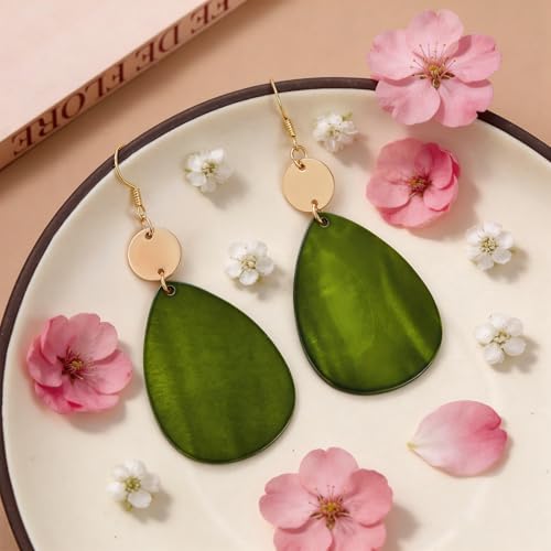 Elisheva Bohemian Lightweight Mother of Pearl Shell Drop Dangle Earrings for Women, Boho Chic Hippie Waterdrop Statement Jewelry Gift - color: olive green