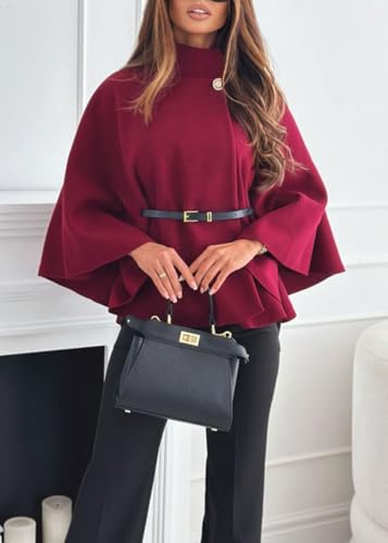 Zaswen Batwing Long Sleeve Cloak Coats for Women Fall Winter Stand Up Collar Oversized Cape Poncho Jackets with Belted - color: Wine Red, size: XX-Large