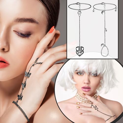 Fumete 6 pcs Finger Ring Bracelet Linked Rhinestone Hand Harness Chain Slave Bracelet with Ring Everyday Jewelry for Women - color: Black, style: Classic