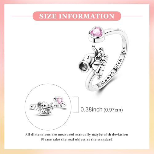 PARCOM Adjustable Women Stackable Ring, 925 Sterling Silver Open Rings - Trendy Eternity Cubic Zirconia Stackable Band Engagement Promise Ring for Her, Hypoallergenic Non Tarnish Nature Bird Floral Thumb Rings - color: Enchanted Elephant Heart